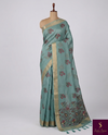 The Seafoam Orchard: Sage Green Linen Silk Saree with Antique Gold Border