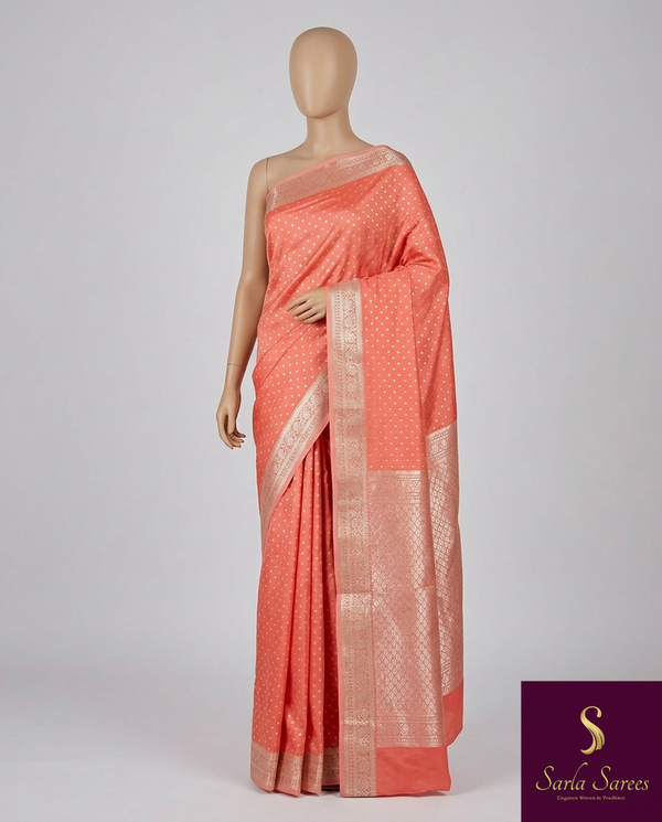 The Coral Luster: Peach-Salmon Katan Silk Saree with Kanchipuram Zari Butta