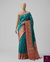 The Empress Teal: Teal Blue Banarasi Katan Silk Saree with Crimson Shikargah Border & Swarovski Crystals