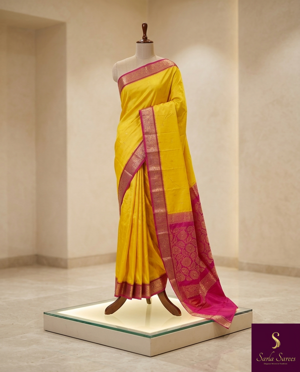 The Radiant Sunbeam: Canary Yellow Silk Saree with Magenta Contrast