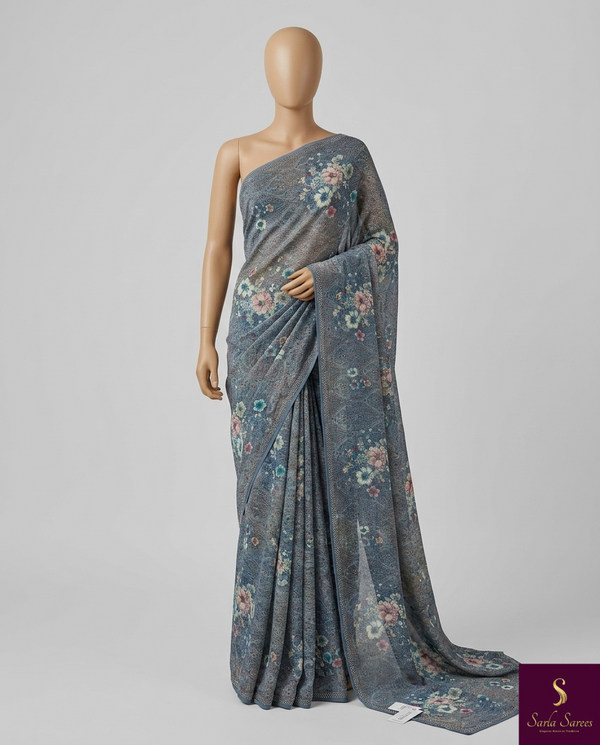 The Ethereal Blossom: Slate Blue Georgette Saree with Vintage Floral Print