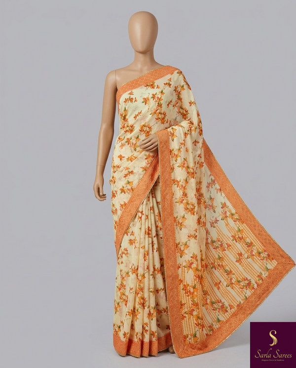The Autumn Glow: Yellow Georgette Saree with Amber Floral Prints