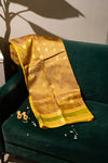 The Earthen Olive: Olive Green Silk Saree with Lime Chevron Border
