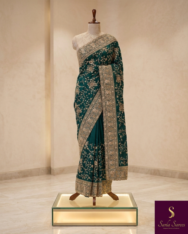 The Emerald Empress: Bottle Green Silk Saree with Heavy Zardozi-Style Embroidery