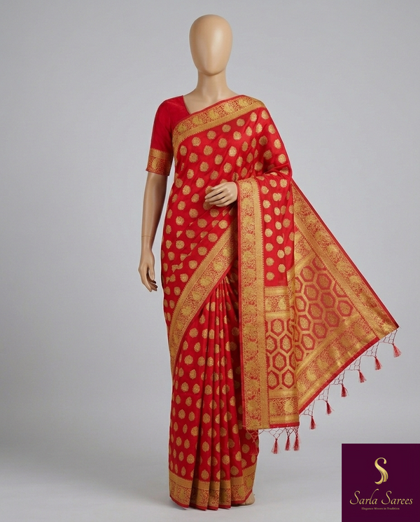 The Radiant Crimson: Red Crepe Silk Saree with Gold Zari Honeycomb Pallu