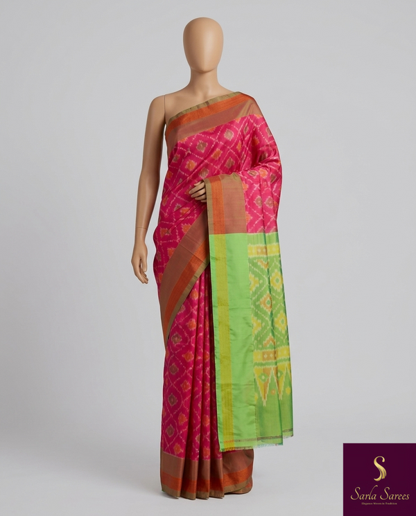 The Ikat Heritage: Rani Pink Silk Saree with Lime Green Patola Pallu
