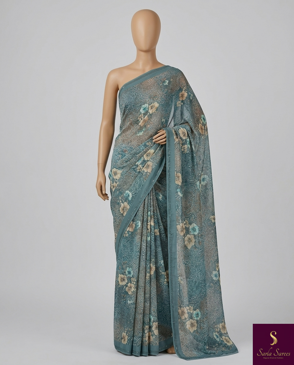 The Misty Meadow: Slate Blue Georgette Saree with Artistic Floral Prints