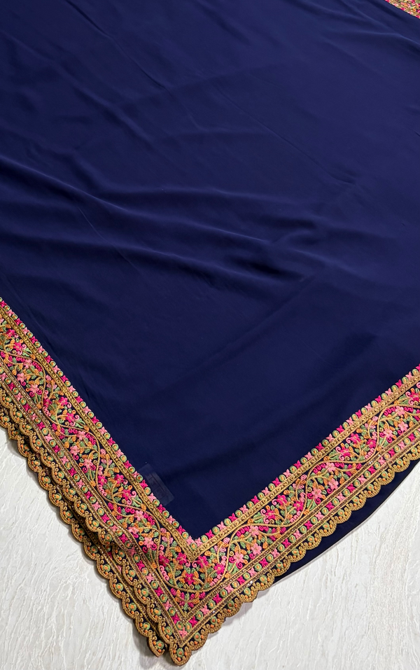 The Midnight Bloom: Navy Blue Georgette Saree with Floral Scalloped Border