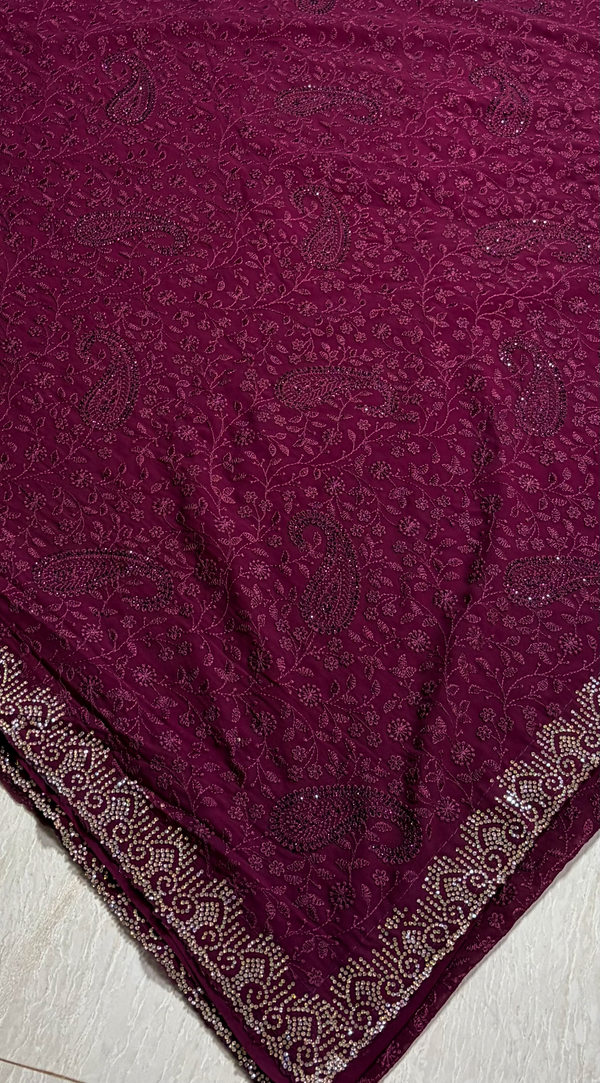 The Royal Vineyard: Deep WineSaree with Allover Chikankari Work