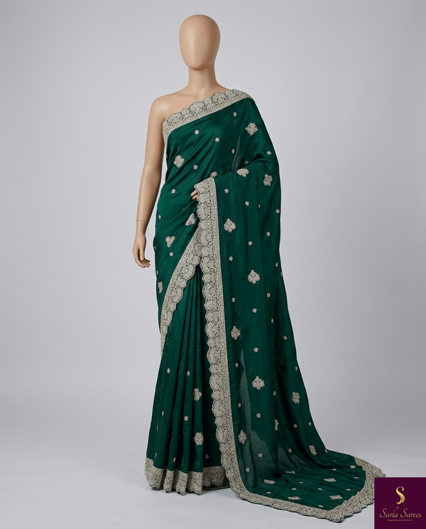 The Emerald Empress: Forest Green Silk Saree with Silver Gotapatti & Zardosi Work