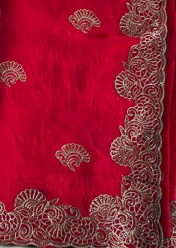 The Scarlet Symphony: Cherry Red Chiffon-Georgette Saree with Scalloped Zardosi Border