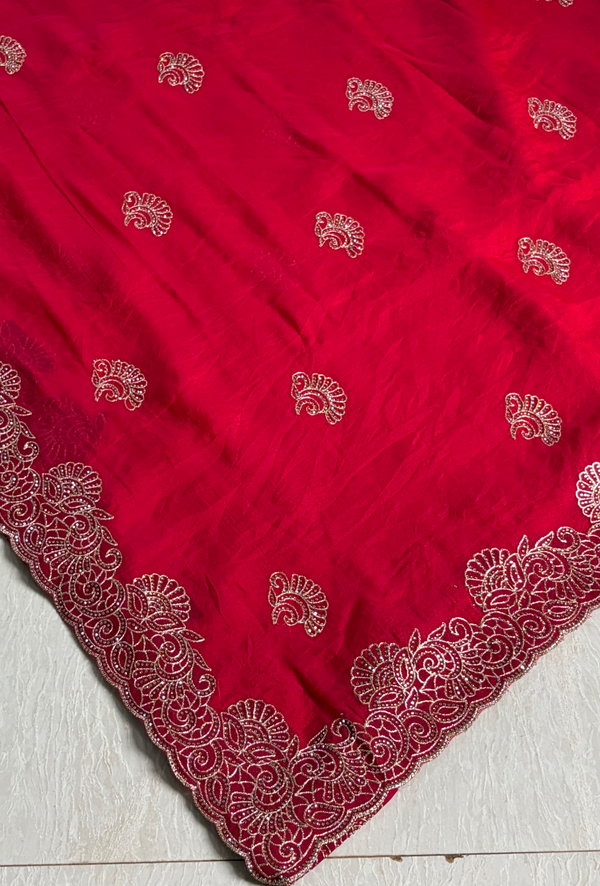 The Scarlet Symphony: Cherry Red Chiffon-Georgette Saree with Scalloped Zardosi Border