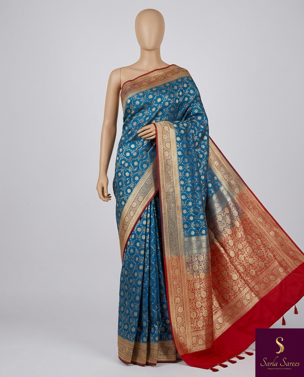 The Royal Azure: Teal Blue Silk Saree with Crimson Red Contrast