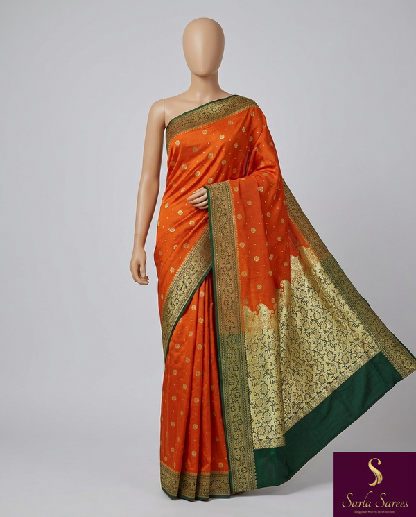 The Marigold Grove: Rust Orange Silk Saree with Forest Green Contrast