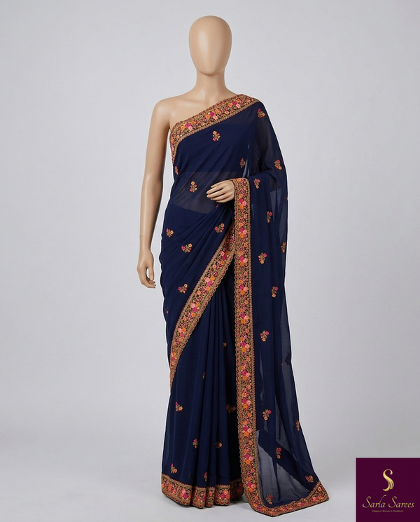 The Midnight Marigold: Navy Blue Georgette Saree with Ornate Floral Border