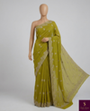 The Olive Oasis: Olive-Chartreuse Georgette Saree with Scalloped Zardosi Border