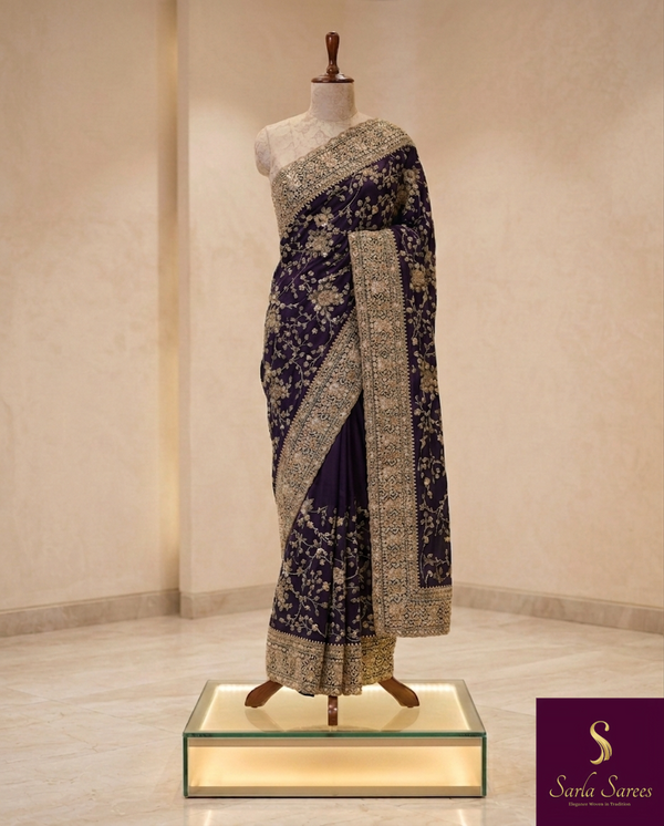 The Midnight Majesty: Deep Violet-Navy Georgette Saree with Heavy Zardosi Jaal