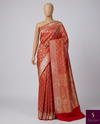 The Royal Muhurtham: Vermillion Red Silk Saree with Allover Zari Jaal