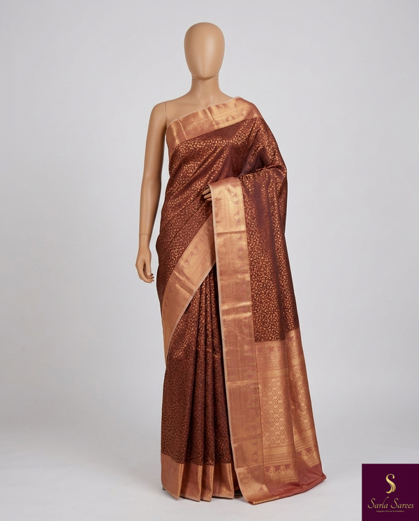 The Bronze Court: Deep Coffee Brown Silk Saree with Gold Brocade
