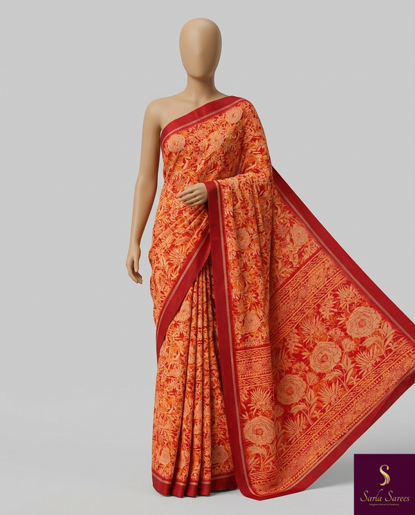 The Marigold Meadow: Flame Orange Premium Chiffon-Blend Saree