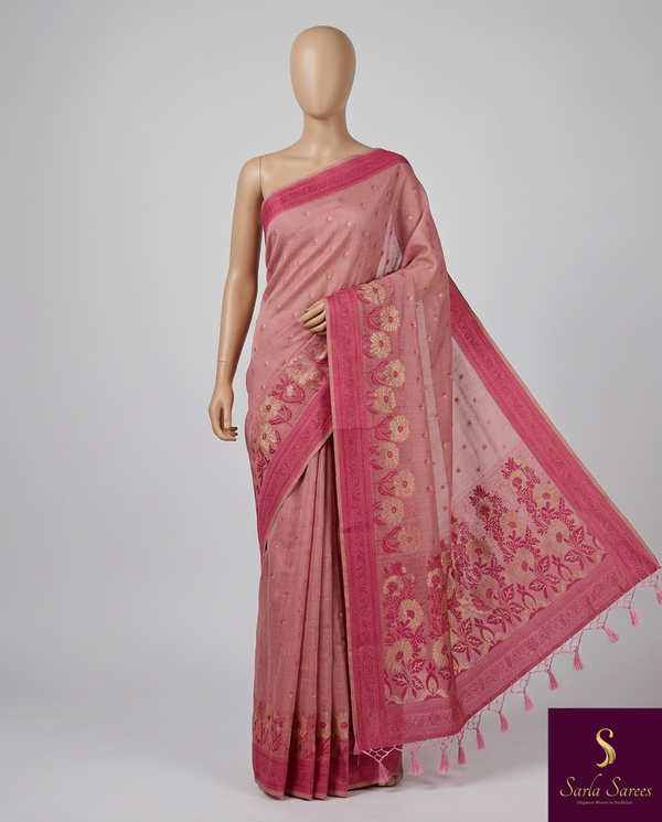 The Blush Heritage: Dusty Rose Linen Silk Saree with Rani Pink Borders