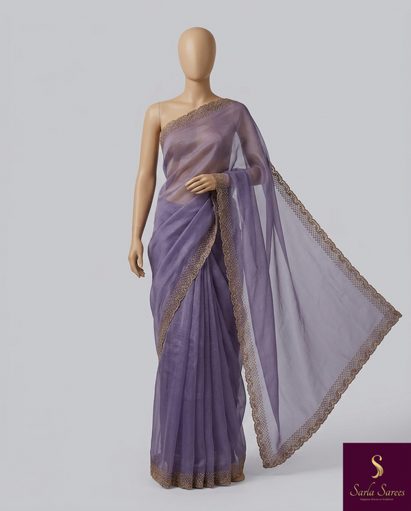 The Lavender Luminary: Dusty Violet Organza-Chiffon Saree with Scalloped Zardosi Border