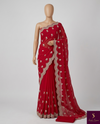 The Crimson Grace: Royal Red Georgette Saree with Scalloped Embroidered Border