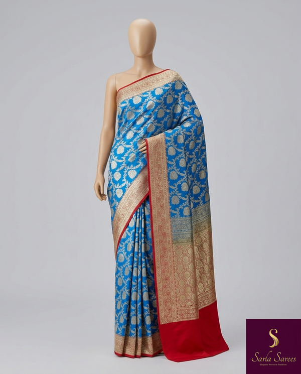 The Cerulean Court: Royal Blue Banarasi Silk Saree with Crimson & Silver-Gold Zari
