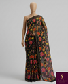 The Obsidian Meadow: Jet Black Chiffon Saree with Vibrant Floral Tapestry
