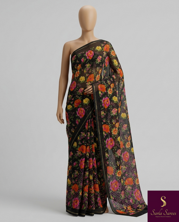 The Obsidian Meadow: Jet Black Chiffon Saree with Vibrant Floral Tapestry