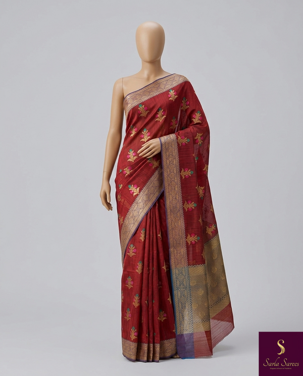 The Crimson Loom: Deep Maroon-Red Banarasi Cotton Saree with Meenakari Buttas
