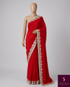 The Scarlet Rose: Crimson Red Georgette Saree with Ornate Floral Scalloped Border