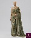 The Olive Grid: Sage-Khaki Chiffon Saree with Diagonal Sequin Leheriya