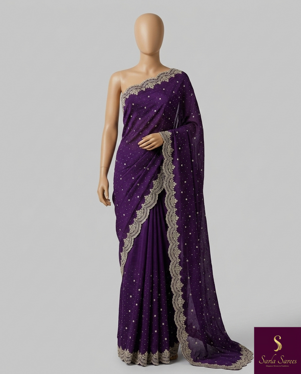 The Imperial Plum: Deep Violet Georgette Saree with Ornate Scalloped Thread Border