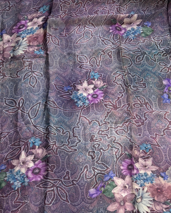 The Mauve Mist: Dusty Amethyst Italian Silk Saree with Fine Paisley & Vintage Floral Overlay