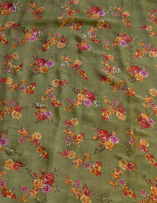 The Olive Orchard: Moss Green Chiffon Saree with Autumn Floral Print
