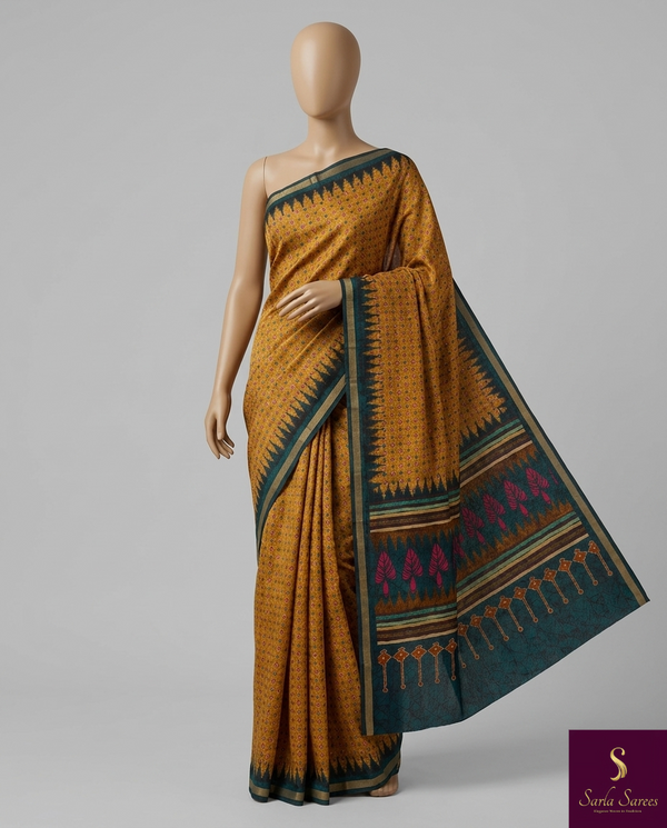 The Earthy Ikat: Mustard Ochre Pure Cotton Saree with Forest Green Temple Border