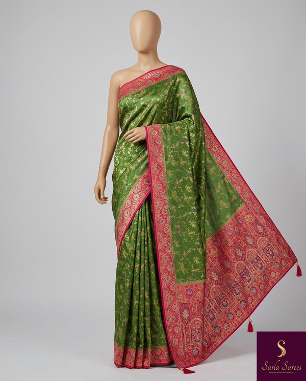 The Meadow Garland: Leaf Green Silk Saree with Ornate Pink Floral Brocade