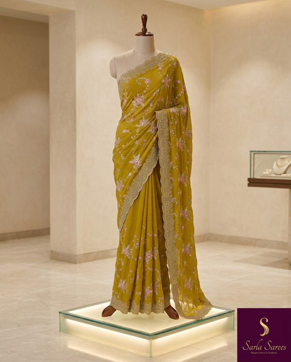 The Chartreuse Whim: Olive Mustard Georgette Saree with Scalloped Borders & Cherry Blossom Hand-Embroidery