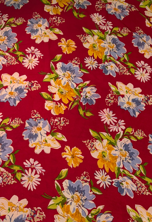 The Scarlet Meadow: Crimson Red Printed Chiffon Saree with English Garden Florals
