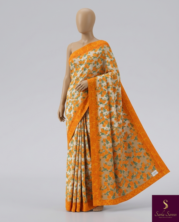 The Marigold Meadow: Mustard Orange Printed Chiffon Saree with English Garden Florals