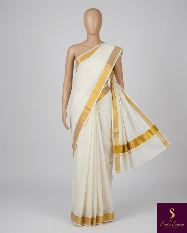The Malabar Heritage: Off-White Kerala Kasavu Cotton Saree with Golden Zari Border