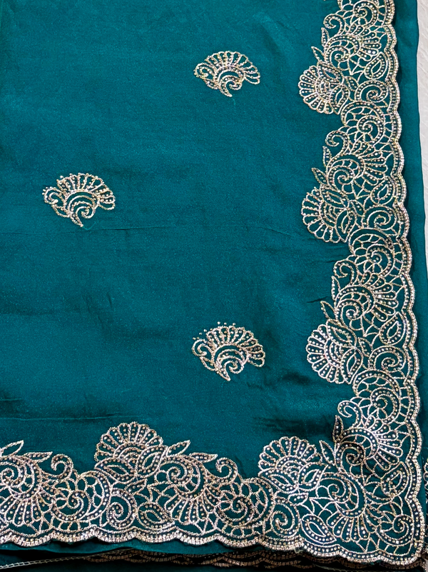 The Peacock Gala: Deep Teal Drape with Ornate Scalloped Cutwork Borders & Floral Buttis