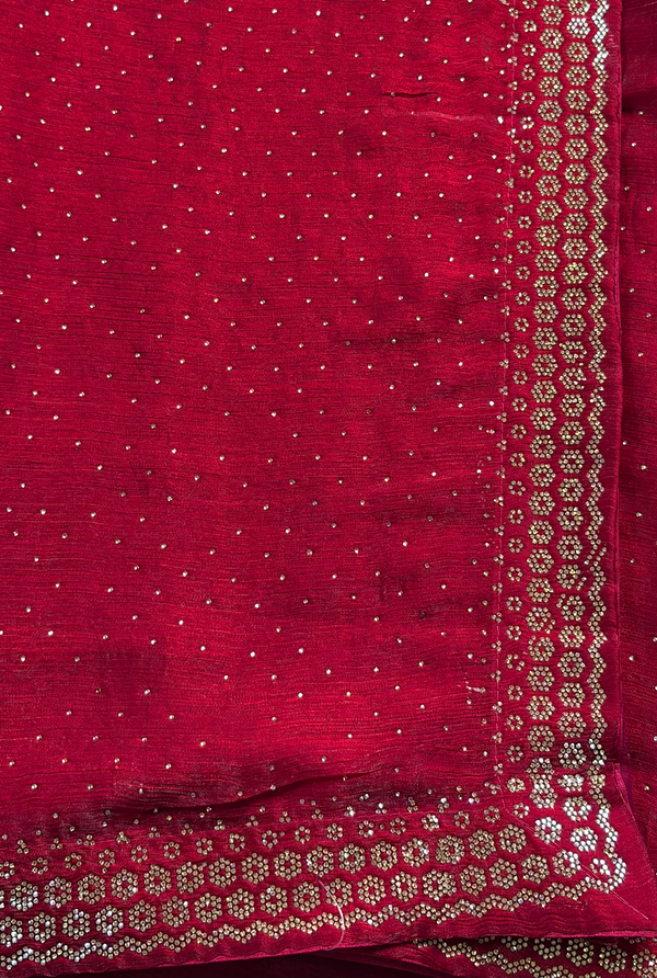 The Crimson Constellation: Deep Maroon Drape with Geometric Grid Border & Micro-Butti Shimmer