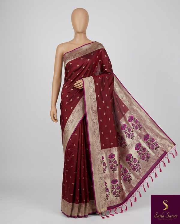 The Royal Loom: Crimson Maroon Kanchipuram Saree with Golden Zari & Fuchsia Floral Pallu
