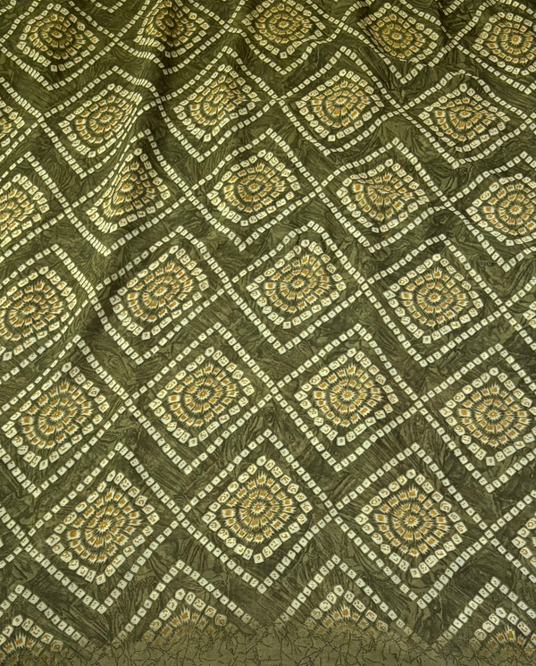 The Emerald Lattice: Olive Moss Bandhani-Print Drape with Shimmering Micro-Sequined Border