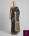 The Charcoal Loom: Midnight Gray Raw Silk Saree with Antique Golden Zari Shikargah Pallu