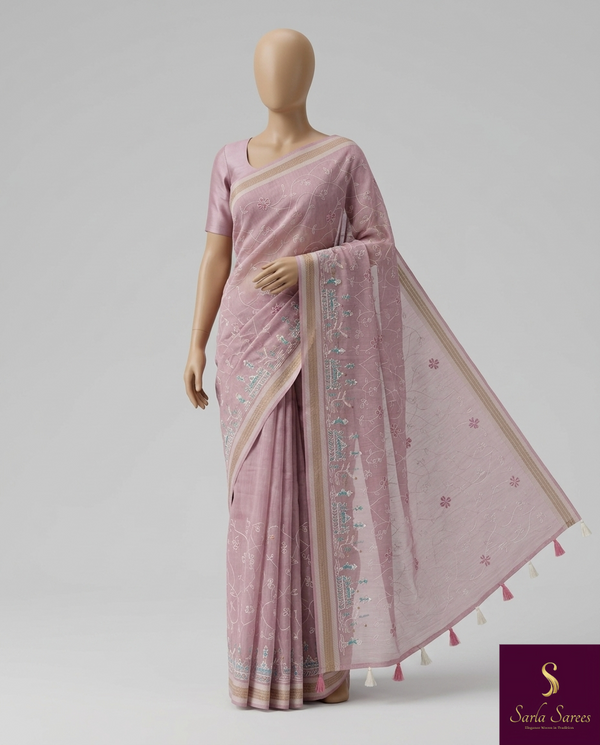 The Lilac Arbour: Pastel Mauve Cotton Saree with Delicate Chikankari-Inspired Embroidery