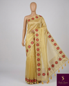 The Amber Glint: Golden Tissue Cotton Saree with Festive Crimson Starburst Border