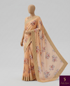 The Apricot Bloom: Pastel Peach Floral Saree with Shimmering Mirror-Work Border